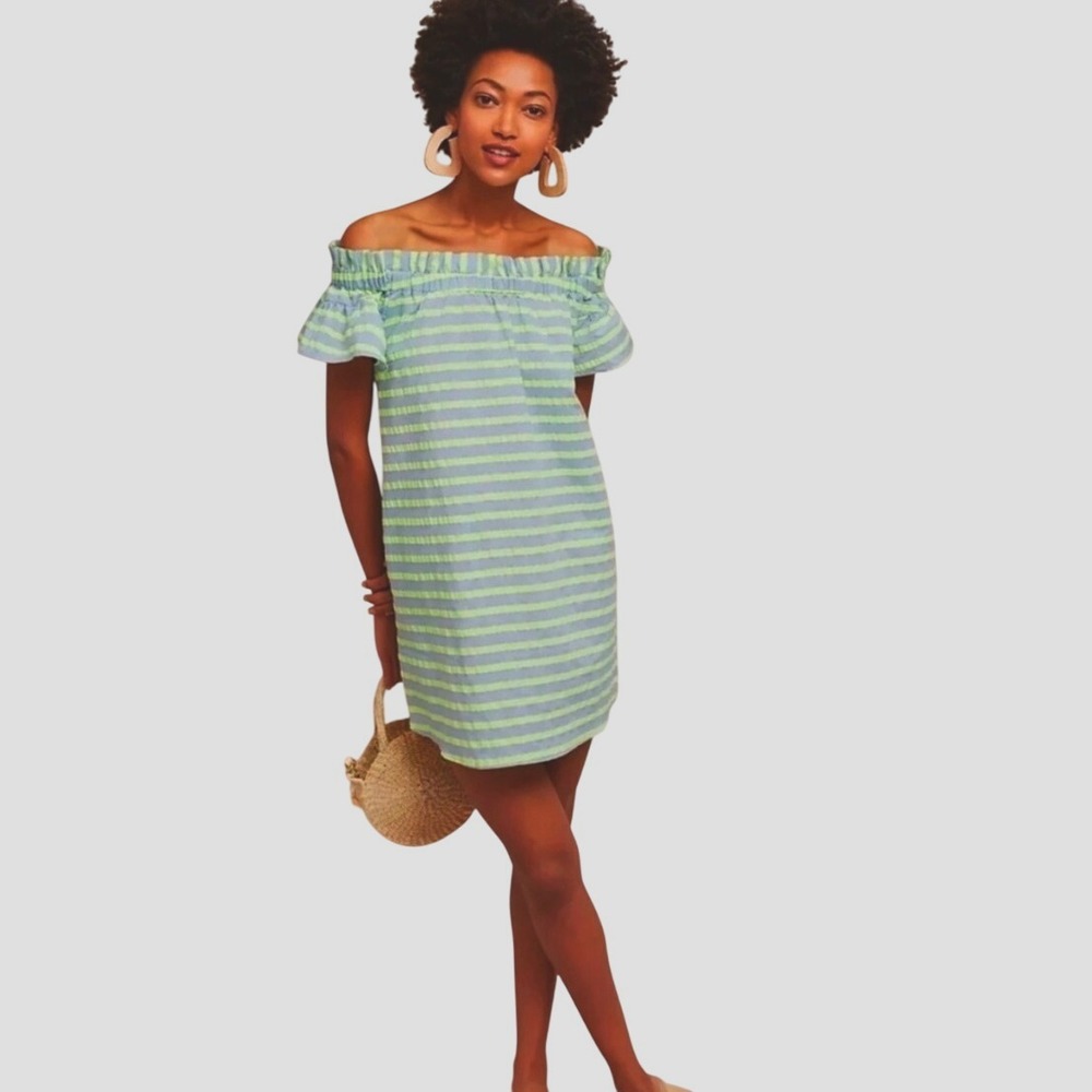 Anthropologie Corey Lynn Calter Off Shoulder Green Gray‎ Striped Ruffle Dress XS